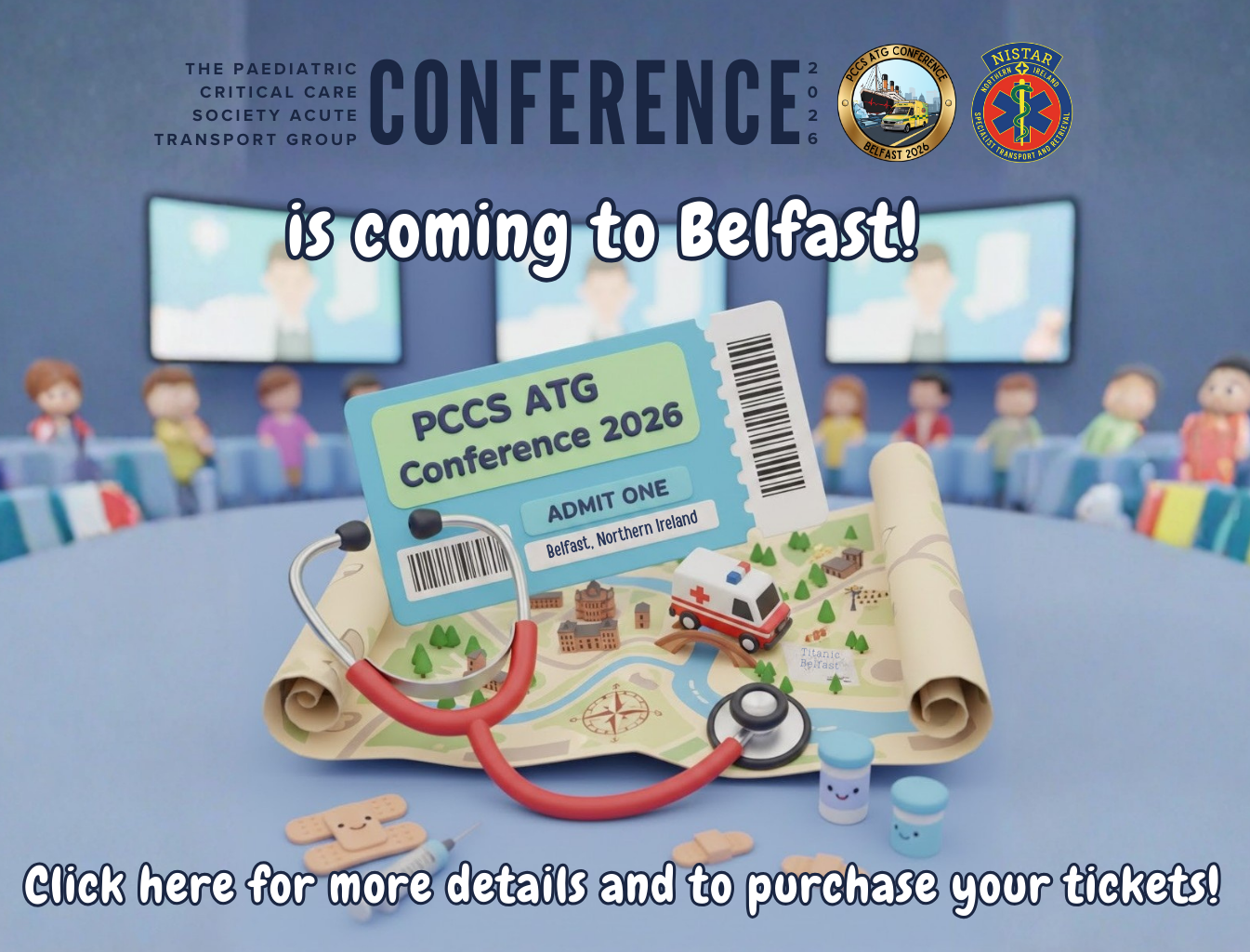 A picture to promote the PCCS ATG Conference 2026. A digital ticket, with a map of belfast and a red stethoscope. With the words "PCCS ATG Conference 2026 is coming to Belfast" "Click here for more details and to purchase tickets!"