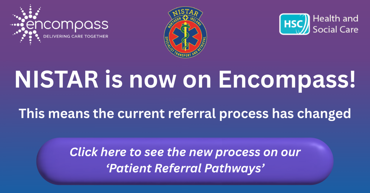 Banner with "NISTAR is now on Encompass! This means the current referral process has changed" and then a box for the user to click to take them to the "Patient Referral Pathways" part of the website